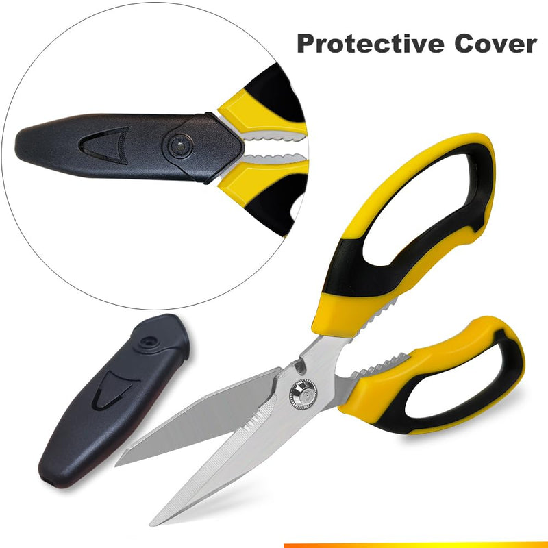 [Australia - AusPower] - Scissors Heavy Duty 8'', Carpet Scissors, Multipurpose Scissors with Protective Cover, Stainless Steel Serrated Blades, Easy Cutting Cardboard, Leather, Fabric, Wires, Nutcracker, Yellow 