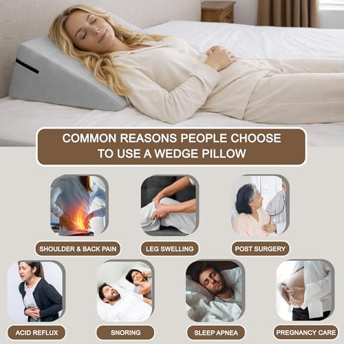 sokoro Bed Wedge Pillow for Sleeping, Small 7 Inch Compact Triangle Wedge Pillow for Acid Reflux, Sleep Apnea & Snoring Relief, Firm Incline for Back Support, Washable Cover (Grey, 24x14x7 in) Grey