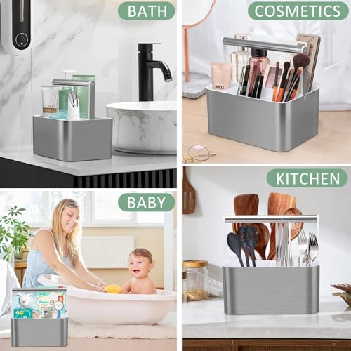 BYUNER Plastic Shower Caddy Dorm - Portable Bathroom Caddy Organizer with Handle and Divider for College Dorm & Shared Bathroom, Hard Shower Tote for Toiletry, Brushed Nickel White Silver / White
