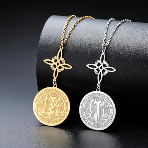 TEAMER Saint Benedict Witch Knot Pendant Necklace Double Protection St. Benedict Necklace Jesus Cross Religious Catholic Amulet Jewelry Silver No Chain