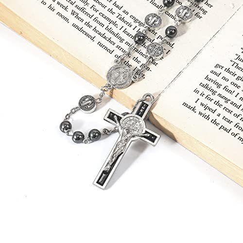 Nazareth Store Catholic Saint Benedict Hematite Stone Rosary Necklace for Men & Women with Crucifix and St. Benedict Medal
