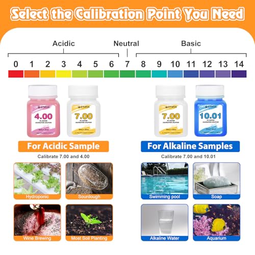 EZTOCH pH 4.0, 7.0 and 10.01 calibration buffer solutions with green probe cleaning solution