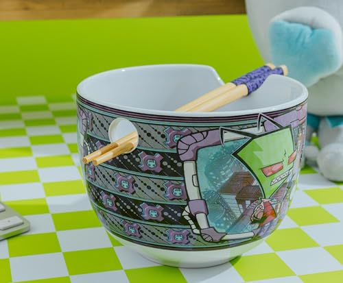 Silver Buffalo Invader Zim and GIR Ceramic Ramen Dinnerware Set | Includes 20-Ounce Noodle Bowl and Wooden Chopsticks