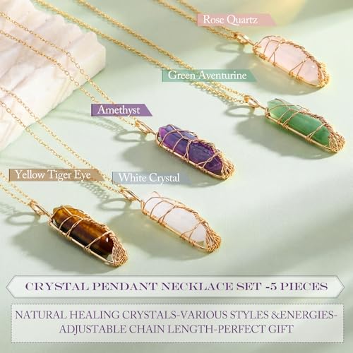 Yaomiao 5 Pcs Crystal Healing Necklaces, Mixed Color with Tree Gold Chain