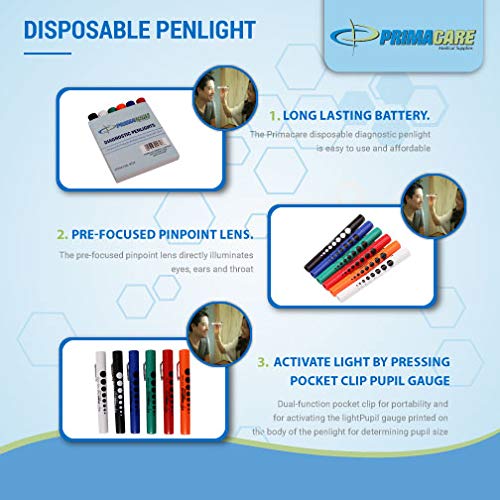 [Australia - AusPower] - Primacare DL-9224 Pack of 6 Disposable Diagnostic Penlight with Imprinted Pupil Gauge, Lightweight and Moulded Plastic Body Medical Pen Light for Nurse, Student, Doctors EMT, Multicolor 