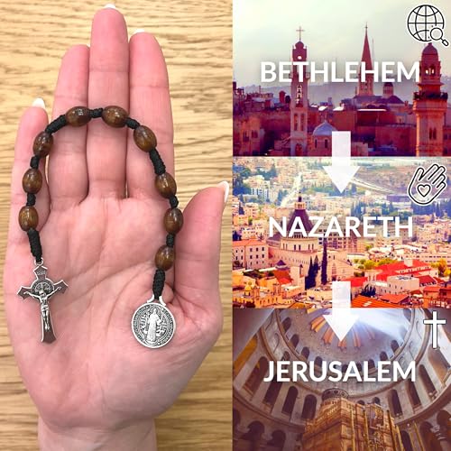 Pocket Rosary, Prayer Beads with Saints Medal and Cross/Crucifix St Benedict, 9 Beads, Dark Brown Wood, Chaplet Chain