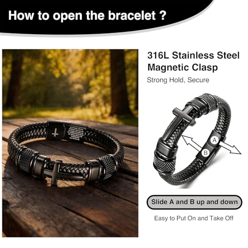 Mens Christian Bracelet, Cross Bracelet for Men, Gifts for Husband Dad Boyfriend Son, Engraved Bible Verse Jewelry, Stainless Steel Cross, Black Braided Leather Bracelets A - Black - Joshua 1:9 Standard - 8.3"