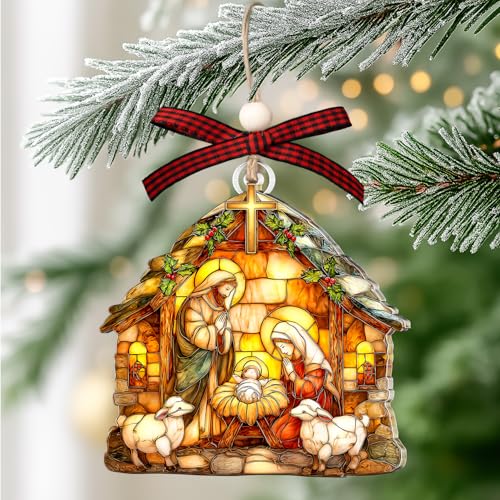 Nativity Ornaments - Religious Christmas Ornaments - Nativity Scene Ornament for Christmas Tree - Christian Gifts for Women, Baby Jesus - Hanging Faux Faux Stained Glass 2025 Nativity Ornament 2025
