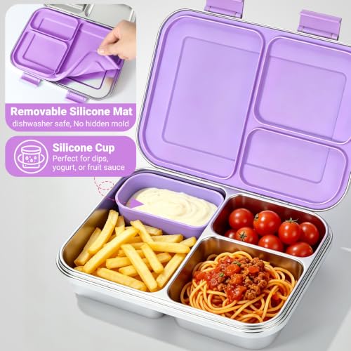 MaMix Stainless Steel Bento Lunch Box for Kids & Adults - Leakproof 4.4 Cup Lunch Container with 3 Compartments for School & Travel -Dishwasher Safe, BPA Free (purple) Purple