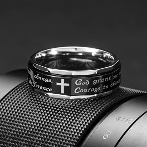King Will 8mm Prayer Cross Ring Basic/Spinner Stainless Steel Ring Gold Silver Wedding Band Bible Engraved Rings High Polished P 1/2(56.97mm) Stainless Spinner B - Silver & Black Hammered Edge
