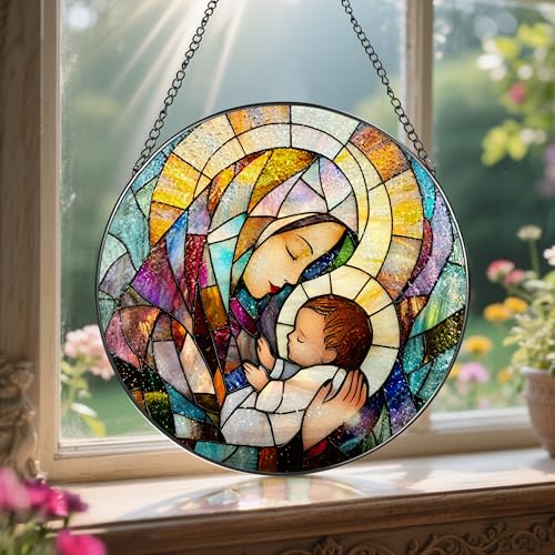 Baby Jesus and The Holy Mother Mary Sun Catcher, 8 Inch Stained Glass Window Hanging, Stained Glass Decor, Christian Home Decor, Christian Gifts for Women, Religious Gifts for Women Virgin Mary