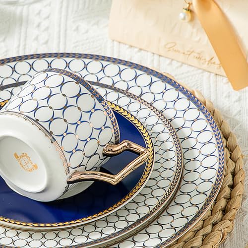 CwlwGO-Bone China Cups & Saucers Set 2, (7 oz) with Gold Spoon and Gifts Box, White Tea Cups Sets, Cappuccino Cups, Ceramic British Coffee Cup Set. blue white-2
