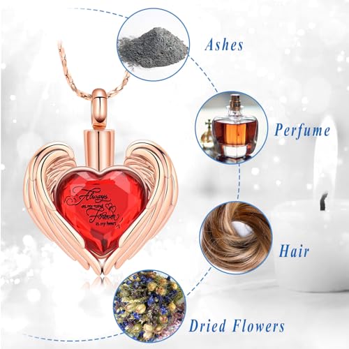 Cremation Jewelry for Ashes Pendant Crystal Heart Urn Necklace Keepsake Urn Memorial Pendant Ash Holder Rose-red-Always