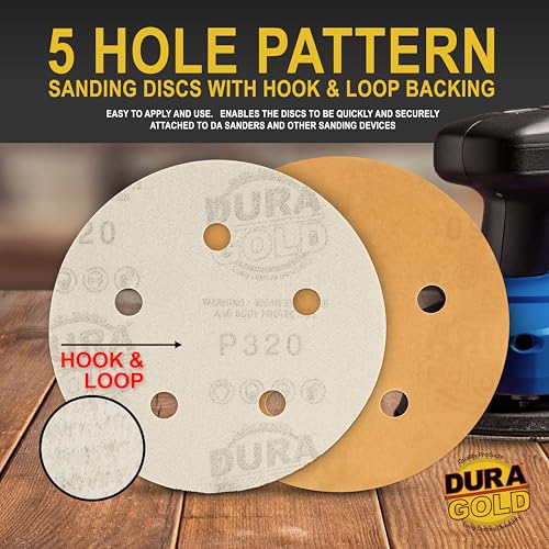 Dura-Gold 5-inch 320-grit gold hook and loop sanding discs, 5-hole pattern, box of 50