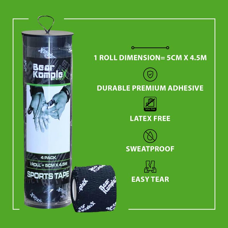 Bear Komplex Athletic Sports Tape, 4 or 12 Pack of Premium Adhesive Wrap, 5 cm Tape, Sweatproof, Breathable, and Non-Slip for Lifting, and Hook Grip, Hypoallergenic and Latex Free Black 4 Count