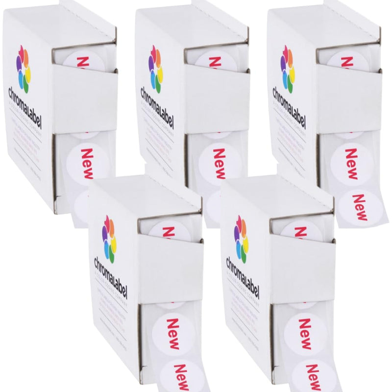 ChromaLabel 3/4 Inch Round New Imprinted Labels, New Item Stickers, Grocery Store and Inventory Labels, 1000 New Stickers per Dispenser Box - Case of 5 3/4" Pack of 5