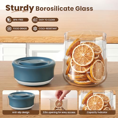 Airtight Glass Storage Jar 16 oz, Easy Open 1/4-Turn Lid Coffee Container Blue+Grey 2PC 16OZ