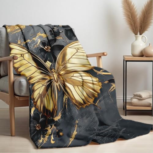 Printed Bed Blanket Black Gold Butterfly Throws Soft Flannel Blanket Butterfly Love Gifts Butterflies Decor for Couch Bed (49"x59") 49"x59"