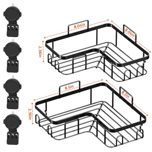 Moforoco Corner Shower Caddy Suction Cup, No Drilling Stainless Steel Shower Shelves, Portable/Movable Large Suction Cup Shower Organizer with Hooks Bathroom Storage Rack(Black)