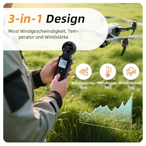 Digital Wind Gauge Anemometer Handheld 3 in 1 Wind Meter with Wind Speed, Temperature & Windchill Measurement, Beaufort Scale 1-12, 5 Units, MAX/MIN/AVG, for HVAC/Drone/Outdoor