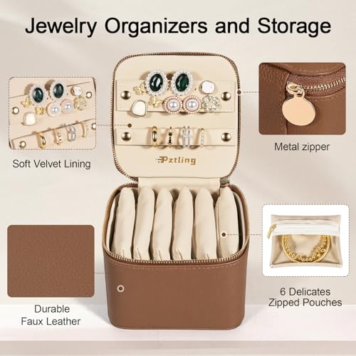 Travel Jewelry Case Organizer - Compact PU Leather Jewelry Box with 6 Small Portable Velvet Jewelry Pouches & 2 Inner Lid Slots for Rings Earrings Necklaces Bracelets,Ideal Gift for Women Girls(Brown) brown
