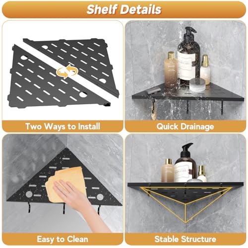 Corner Shower Shelves 10" Matte Black 304 Stainless Steel Recessed Shelf for Bathroom，Shower Corner Rack with Razor Hole Hook，Grout in Shelf for Tiled Wall, 2 Pack (Black)