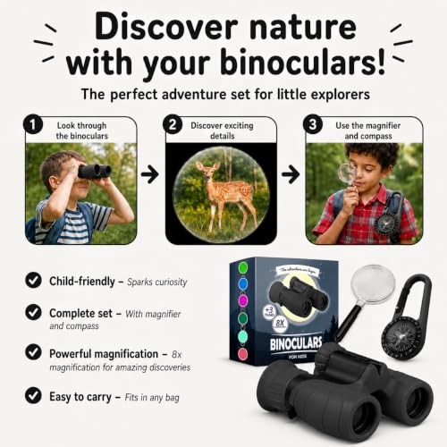 Binoculars for Kids – Perfect Toy for Little Boys and Girls – Extensive Set Incl. Magnifying Glass & Compass – Powerful Magnification 8X21 – 3 to 12 Year Old Kids for Toddler Black