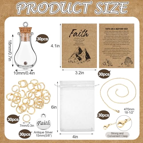 Teenyyou 30 Sets Mustard Seed Necklace Christian Charms Includes 0.5ml Tiny Glass Bottles with Cork and Cards Mustard Seed Gift Christian Gifts for Woman Church Baptism, Not Include Seeds (Gold)