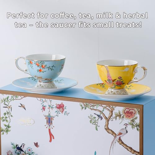 Blue Tea Cup and Saucer Set, Bone China Tea Cup and Saucer with Spoon, Porcelain Floral Teacup Set with Gold Trim, Dishwasher Safe, Food Grade, Gift for Women, Mom, Friends, 6.8 oz