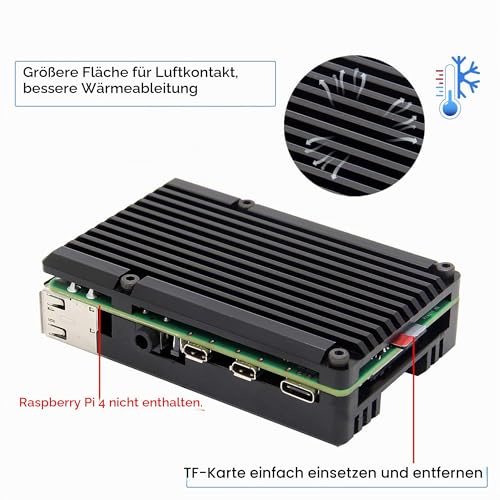 Geekworm Raspberry Pi 4 Model B Armor Heatsink Case/Raspberry Pi 4B Aluminum Alloy Passive Cooling Case with Dual Cooling Fan for Raspberry Pi 4 Model B Only | Passive cooling, armor design, protective case, fanless, silent operation Black