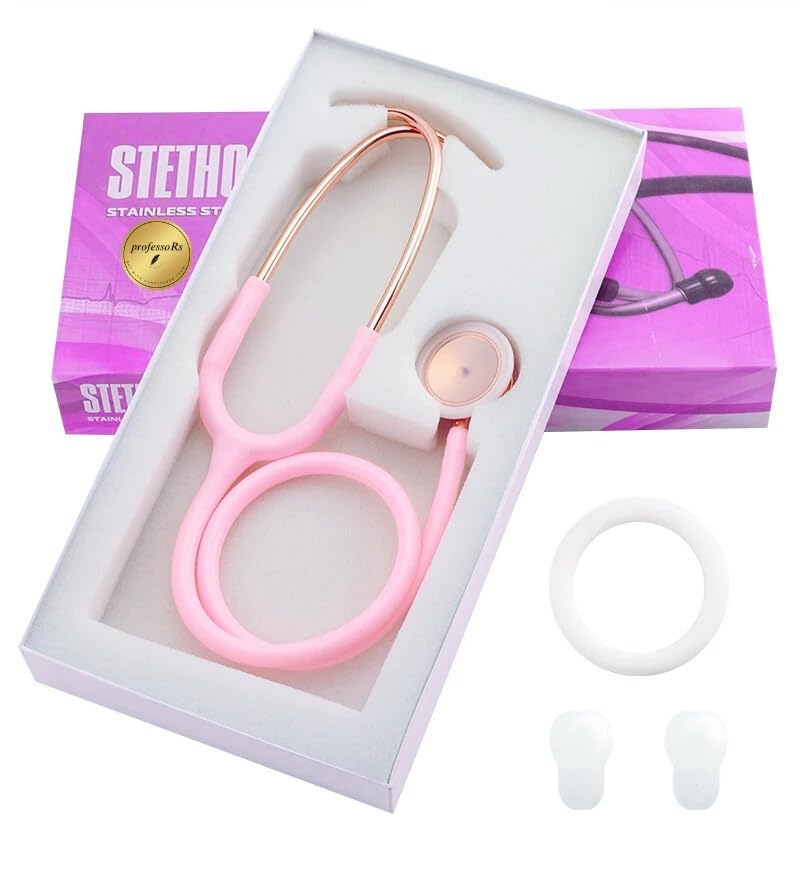 [Australia - AusPower] - Pink Stethoscope + Pink Case for Students Nurse Doctor, Beautiful Gold-Plated Stetho for Clinical Use, Professional high-sensitivity fiber membrane, Double Sided Stethoscope 