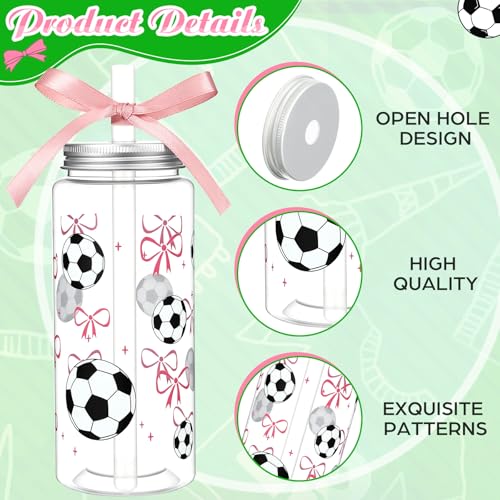 24 Pcs Soccer Plastic Cups with Lids, Straws, and Pink Ribbon, 13.5 oz Pink Bow Sports Theme Party Clear Drinking Cups Reusable Tumblers for Birthday Sports Party Team Gifts