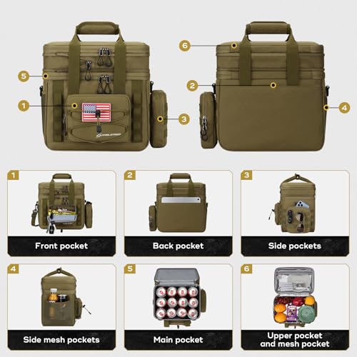 Maelstrom 23L tactical lunch box for men, expandable double deck cooler bag in khaki with sturdy handles and multiple compartments