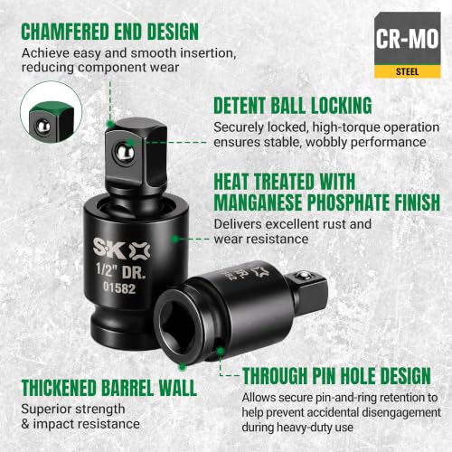 SK pinless impact universal joint swivel socket adapter set with 1/4, 3/8, and 1/2 inch drives