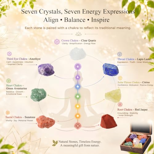Hopeseed 7 Chakra Healing Crystals Set, Natural Raw Stones, Gift Box