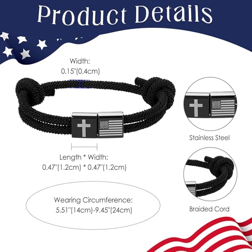 JewelryWe American Flag Cross Bracelet: Men Black Stainless Steel Christian Inspirational Adjustable Cord Courage Faith Religious Bracelets black-c