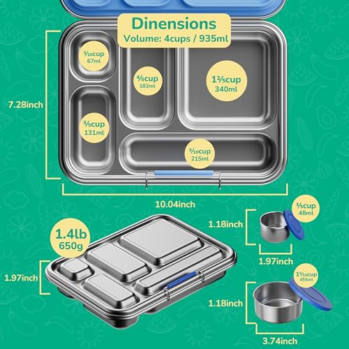 AOHEA Stainless Steel Bento Box Kids, Kids Metal Bento Lunch Box BPA Free Lunch Box Containers 304 Stainless Steel Bento Box for School and Office(Bule) Blue-05