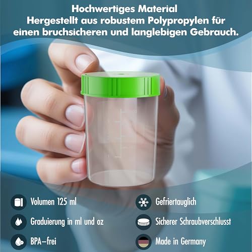 Sample Cup Set - 10 Pieces of 125 ml - Includes 40 Labels - Leak-proof Urine Cups with Screw Lid Graduated up to 100 ml - For Kitchen, Crafts, Medicine, Urine Samples - Can Be Written On