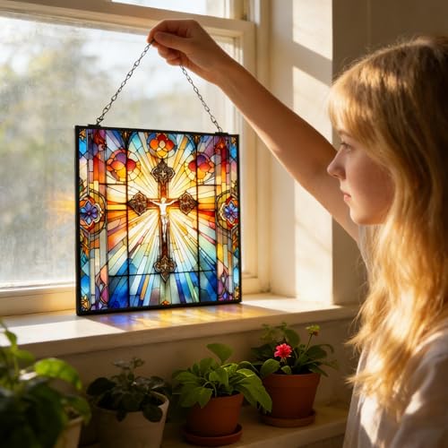 Stained Glass Cross Suncatcher Christian Stained Glass Windows Panel Jesus Cross Gift for Religious Easter Faith Christian Gifts Religious Home Decor I