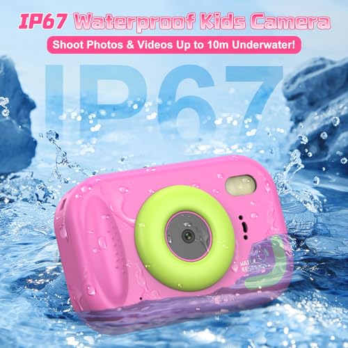 Kids Waterproof Camera, IP67 Underwater Digital Camera, 1080P 48MP, 32GB Pink