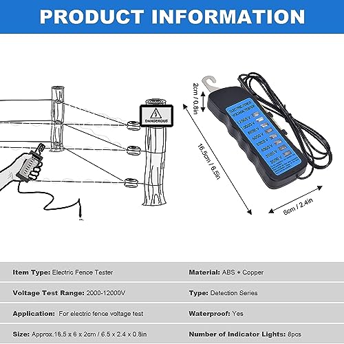 [Australia - AusPower] - 12KV Electric Fence Voltage Tester,2000 to 12000V 8 Neon Indicator Lights Electrical Fence Fault Finder Locator Checker Fence Voltmeter Troubleshooter 