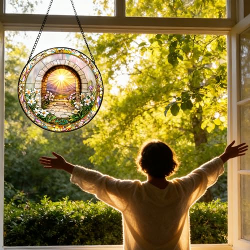 7.87 Inch Religious Stained Glass Window Hanging,Sky Mirror Stained Glass Suncatcher Window Panel Christianity Suncatcher Decor for Birthday for Women, Men, Wife, Aunt, and Mom Sky Mirror&flower