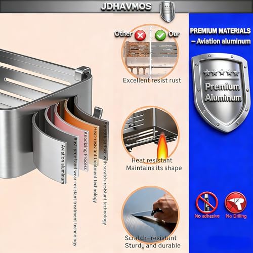 Suction Cup Shower Caddy - No Drilling Removable, Corner Shower Shelves - Aluminum Rustproof, Corner Shower Caddy with Towel Bar & Hooks for Bathroom Organizer (2-Pack Gunmetal Gray) Triangles (8hooks &1Towel Bar)