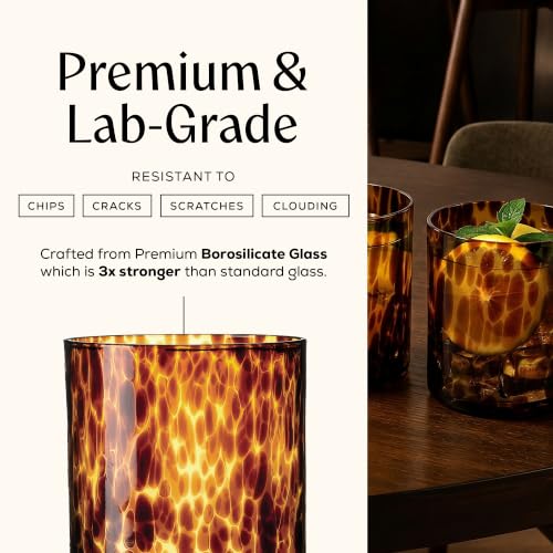 Joseph Sedgh Collection Tortoise Shell DOF Lowball Glass Set of 4 – 10.15 oz Borosilicate Whiskey & Cocktail Glasses – Stylish, Lead-Free, Dishwasher Safe – Gift Box Included