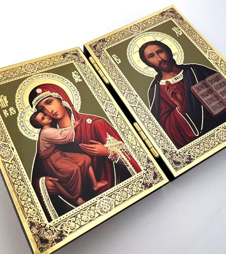 Needzo Christ The Teacher and Madonna and Child Virgin Mary Orthodox Catholic Icon Diptych 5 Inch Wide, Religious Gift For Woman Men