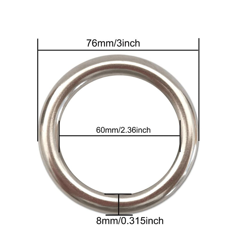 [Australia - AusPower] - 3" Metal O-Ring, 2 Pack 304 Seamless Welding Stainless Steel Rings Heavy Duty Smooth Solid Multi-Purpose Big Ring for for Crafts, 8mm x 60mm 