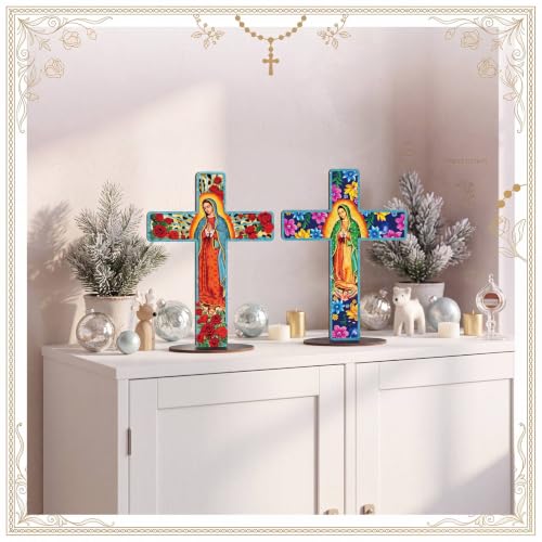 Yuntau 2 Pcs Floral Cross Table Decor Wooden Our Lady of Guadalupe Tabletop