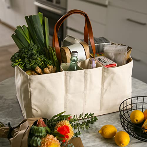 CapaBunga Grocery Tote Bag 5 Pocket Large Utility Tote with Handles Vegan Leather Base - Reusable Shopping Bags for Groceries Natural