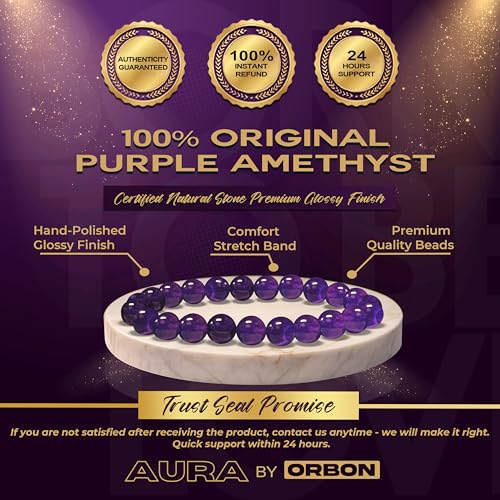 Certified Natural Stone Crystal Bracelet for Men & Women | Powerful Gemstone Combination Bracelet | Real Certified Stones with Authenticity Certificate & Activation Card Amethyst Round - Calmness & Spiritual Growth 8mm