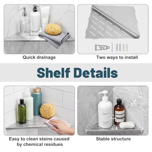 2 Pack Corner Shower Shelf 10 Inch 304 Stainless Steel Shower Corner Shelf for Inside Showers Slot Design Recessed Shelves Bathroom No Drill Tiled Wall Silver